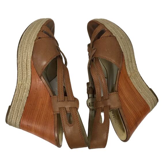 Michael Kors Keli Wedge Leather Espadrille Crossover Heel Sandal Brown Tan 8.5 - Picture 2 of 12